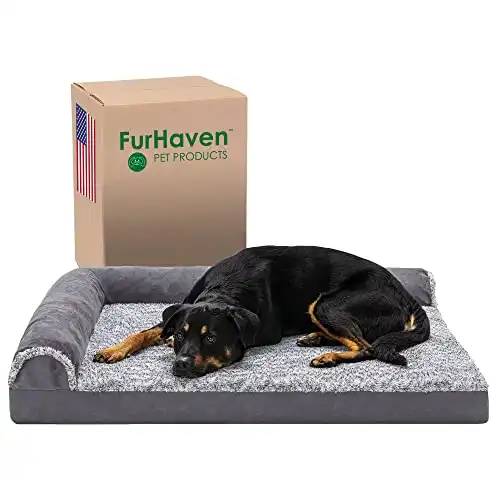 Furhaven XL Orthopedic Dog Bed Two-Tone Faux Fur & Suede L Shaped Chaise w/ Removable Washable Cover