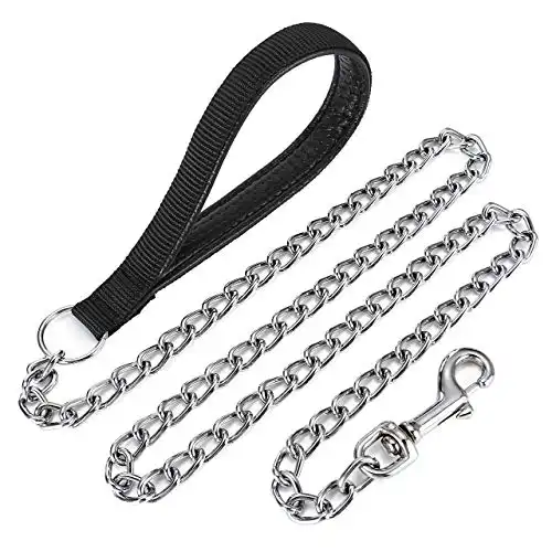 Mogoko 4ft Metal Dog Leash, Heavy Duty Chew Proof Pet Leash Chain with Padded Handle for Outdoor Training