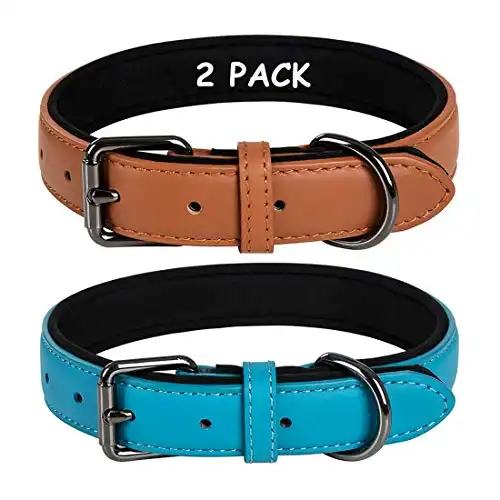 Coohom 2 Pack Genuine Leather Soft Waterproof Fabric Padded Dog Collars,Durable Adjustable Leather Pet Collars for Small Medium Large Dogs Black Red Blue Orange Yellow Brown (Large, Blue+Brown)