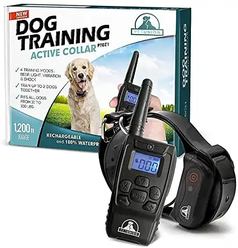 Pet Union PT0Z1 Premium Training Shock Collar for Dogs with Remote - Fully Waterproof, 4 Adjustable Training Modes - Shock, Vibration, Beep - Up to 1200ft Range (Black)