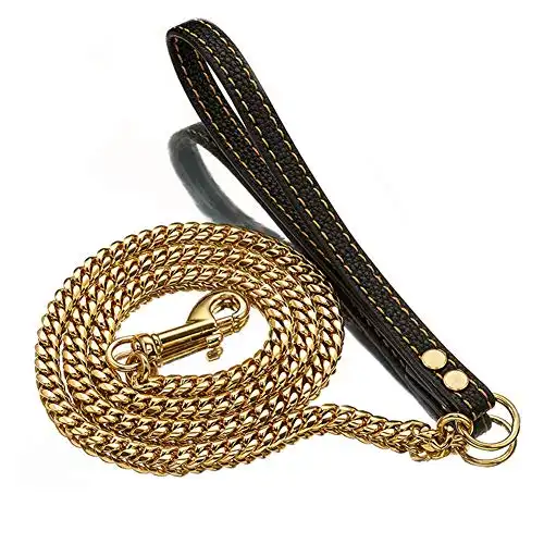 4ft Dog Leash Metal Long 18K Gold Chew Proof Indestructible Cool Best Leash Chain Link for Pet Durable Large with Leather Handle (Thick Stainless Steel)