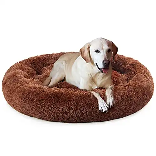 nononfish XL Dog Bed 48 inch Round Dog Beds for Extra Large Dogs Faux Fur Anxiety Big Dogs Beds with Brown Flannel Blanket