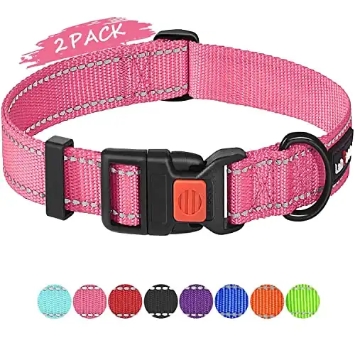 ladoogo 2 Pack Reflective Dog Collar with Safety Buckle Adjustable Nylon Dog Collars for Small Medium Large Dogs