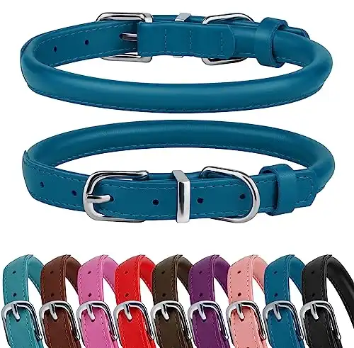 BRONZEDOG Rolled Leather Dog Collar for Small Medium Large Dogs with QR ID Tag (S: 12-14 Inch, Ocean Blue)